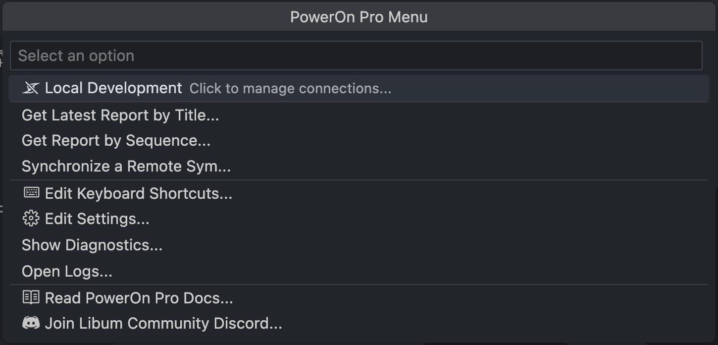 Image which displays the PowerOn Pro menu launched through the status bar.